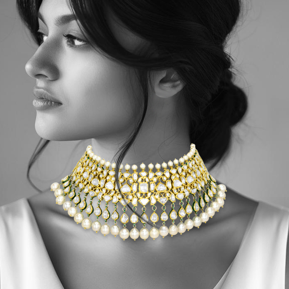 Gold Polki Choker with Pearls and Cascading Drops